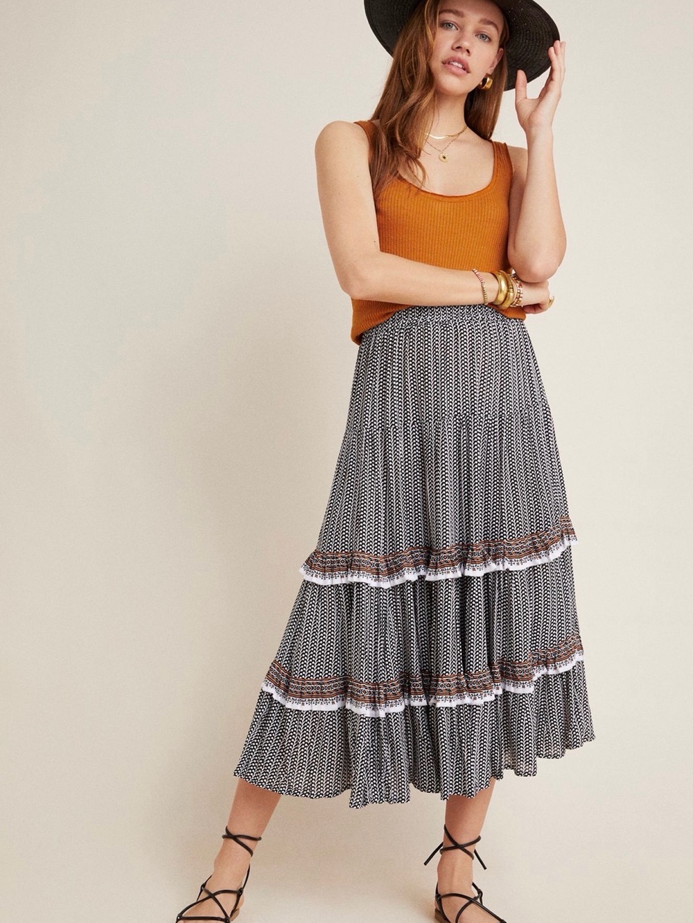 Tiered Black & White Printed Midi Skirt